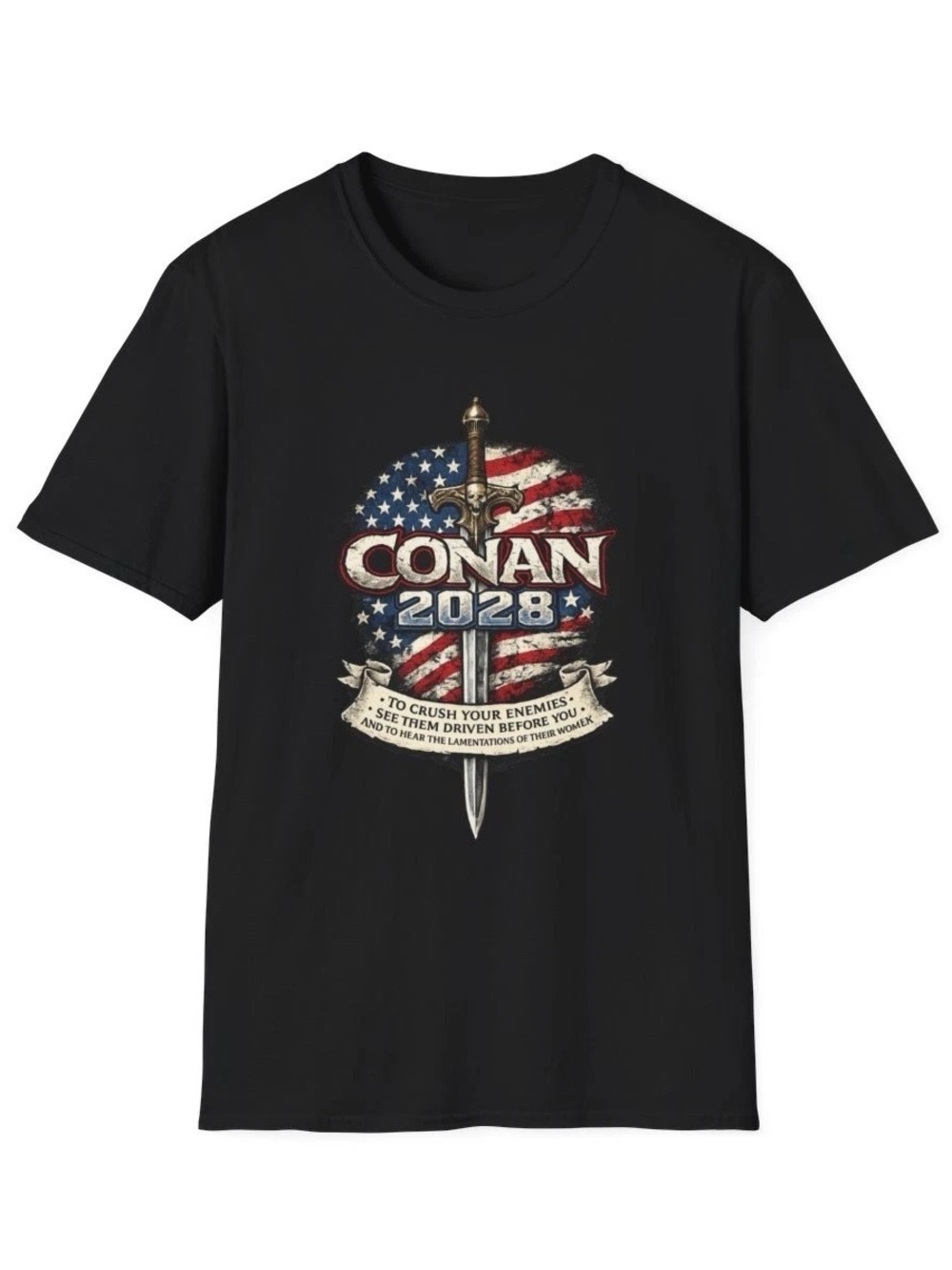 Gildan Black Conan 2028 Graphic Tee with American Flag Sword Motif